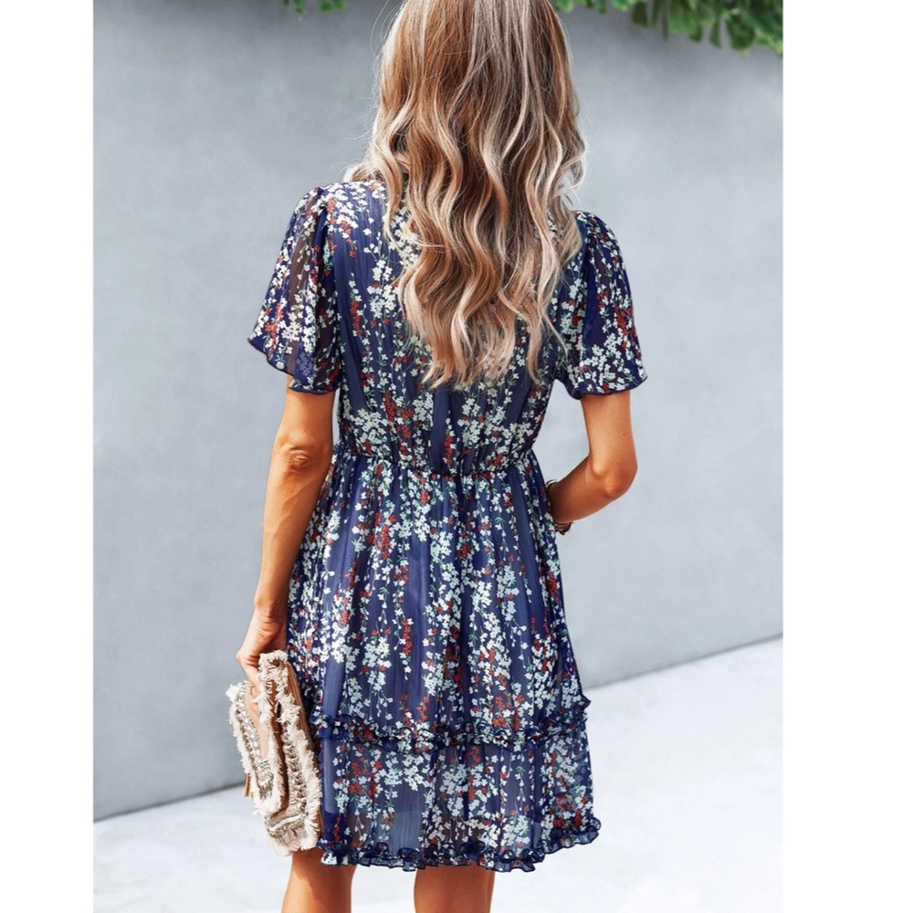 Floral Navy Blue Dress Summer V-Neck Short Mini - Picture 6 of 7